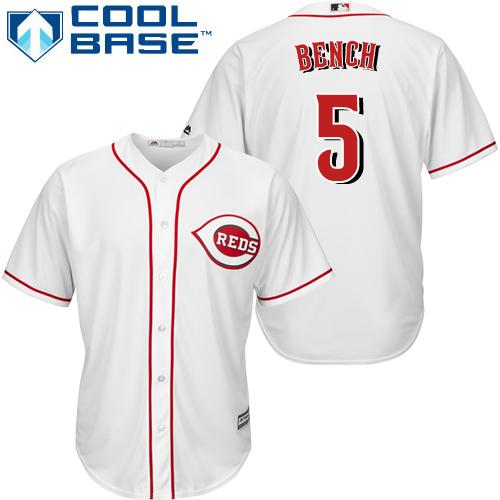 Reds #5 Johnny Bench White Cool Base Stitched Youth MLB Jersey - Click Image to Close